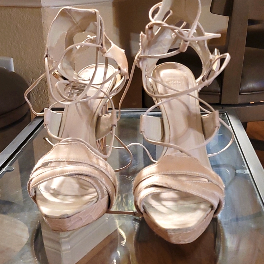 Herve Leger grey satin platform heels